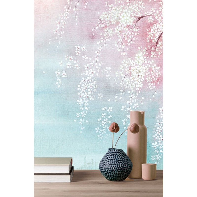 Fák virágokkal türkiz rózsaszín fali poszter DG2ISA102 (381X300 cm)