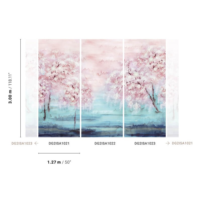 Fák virágokkal türkiz rózsaszín fali poszter DG2ISA102 (381X300 cm)