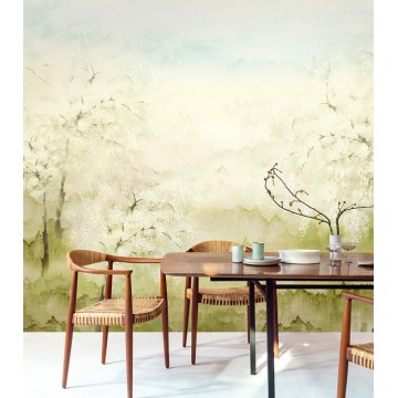 Fák virágokkal sárgászöld krém fali poszter DG2ISA103 (381X300 cm)