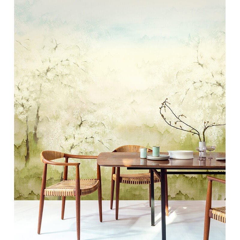 Fák virágokkal sárgászöld krém fali poszter DG2ISA103 (381X300 cm)