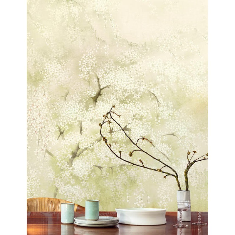 Fák virágokkal sárgászöld krém fali poszter DG2ISA103 (381X300 cm)