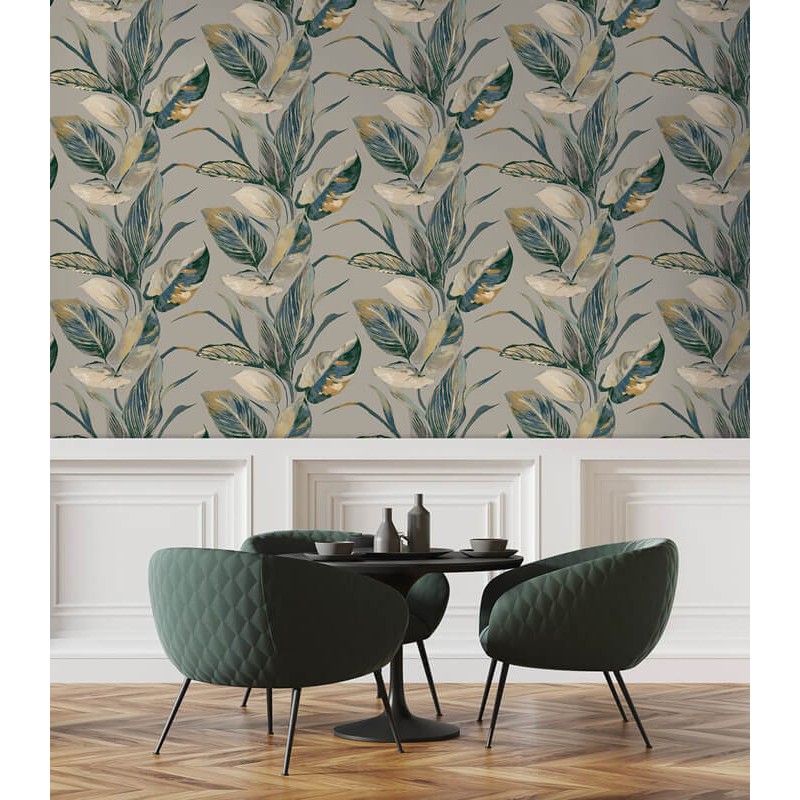 Prémium design tapéta nagy levélmintával barna-kék AN02137 (Andalusia)